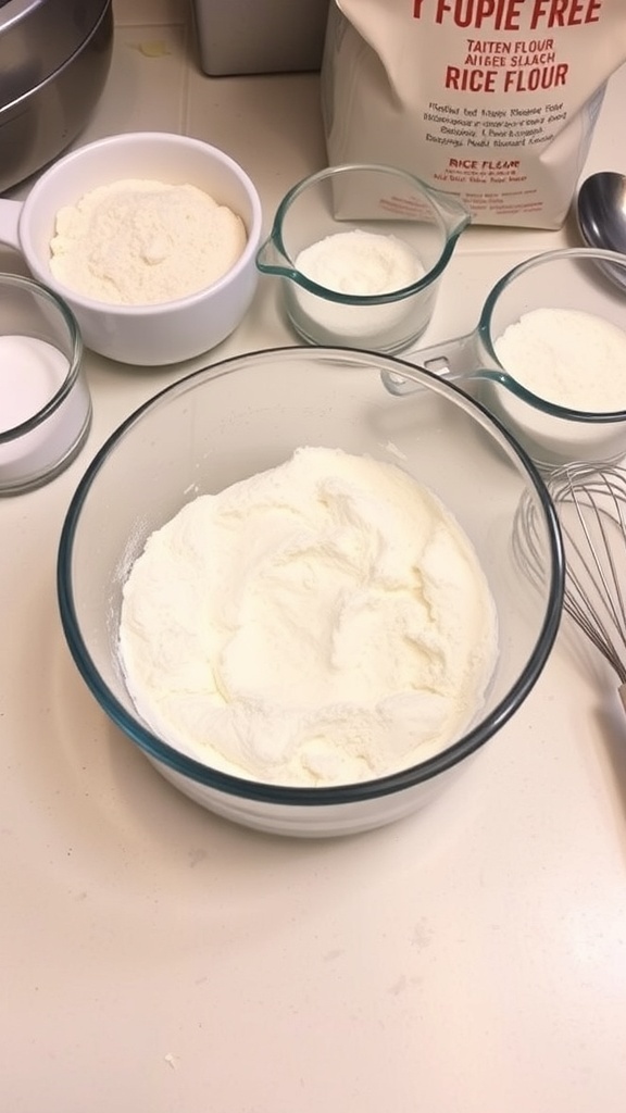 Gluten-Free Cup for Cup Flour Recipe A bowl of gluten-free flour blend with measuring cups and baking tools on a kitchen counter.